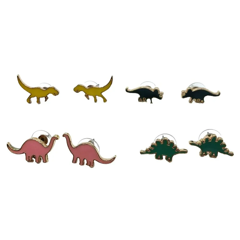 Dinosaur Pierced Earrings Set Enamel Gold Tone T-Rex Stegosaur Brachiosaurus+